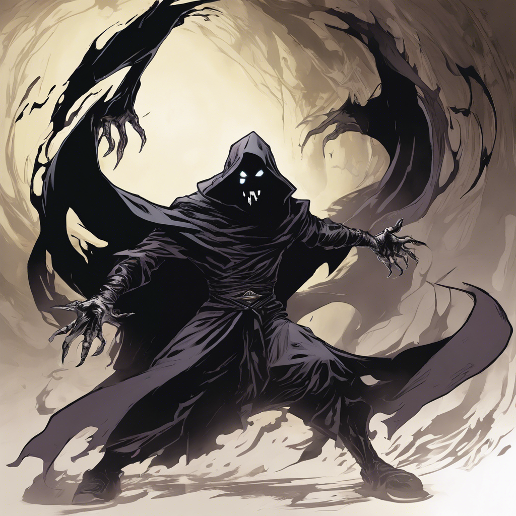 The Shadowstalker is a sinister figure clad in dark, flowing robes that seem to absorb all light around them. Their eyes gleam with a malevolent energy, and a chilling aura of darkness surrounds them, making it difficult to discern their true form. They move with uncanny speed and stealth, blending seamlessly with the shadows around them.