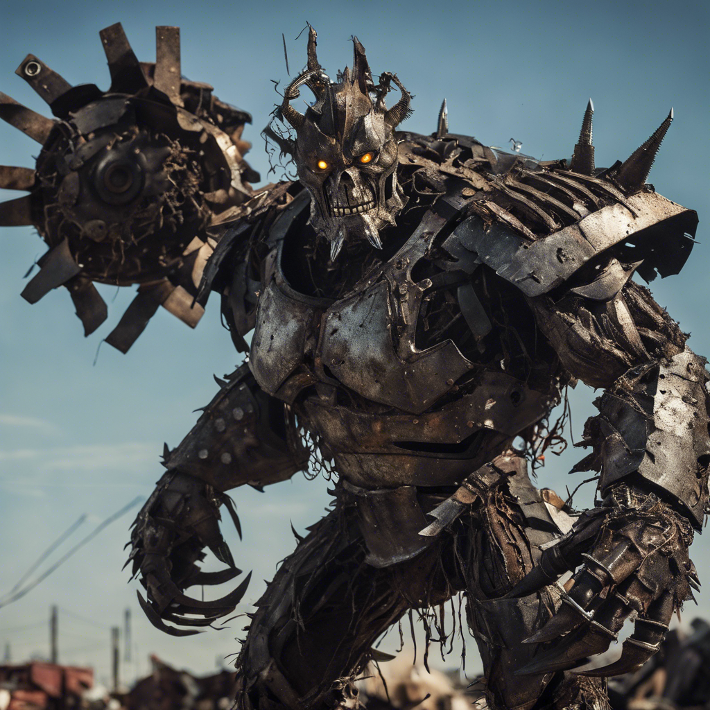 The Scrapyard Scavenger is a hulking figure covered in makeshift armor fashioned from salvaged metal parts. Its eyes gleam with a predatory glint, and its movements are surprisingly swift despite its bulky appearance. In one hand, it wields a jagged metal blade, while the other is adorned with sharp, jagged claws.