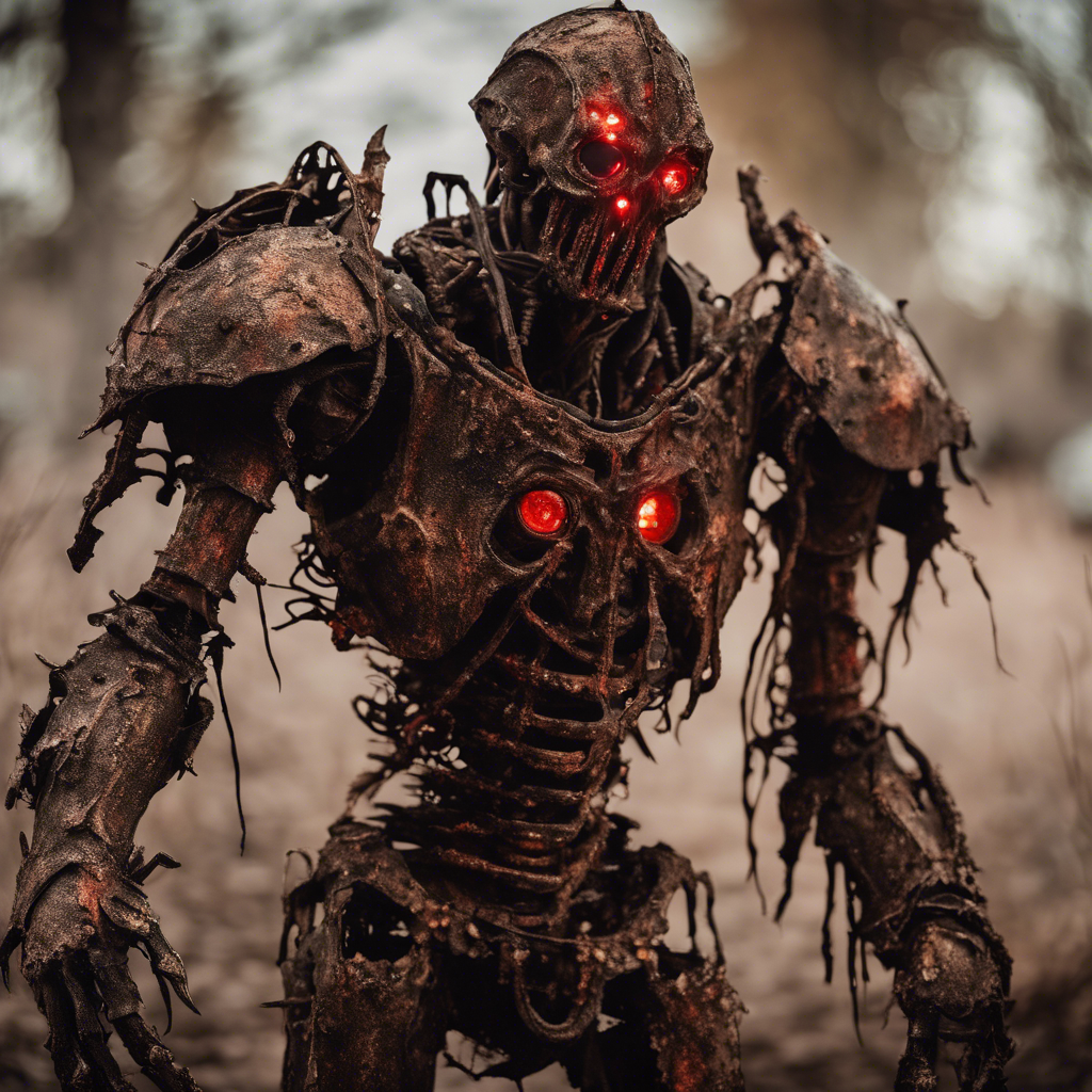 The Rustfiend is a humanoid figure draped in tattered, metal armor that exudes an aura of decay and corrosion. Its eyes gleam with a malevolent red light, and its metallic limbs creak and groan as it moves, leaving a trail of rust in its wake.