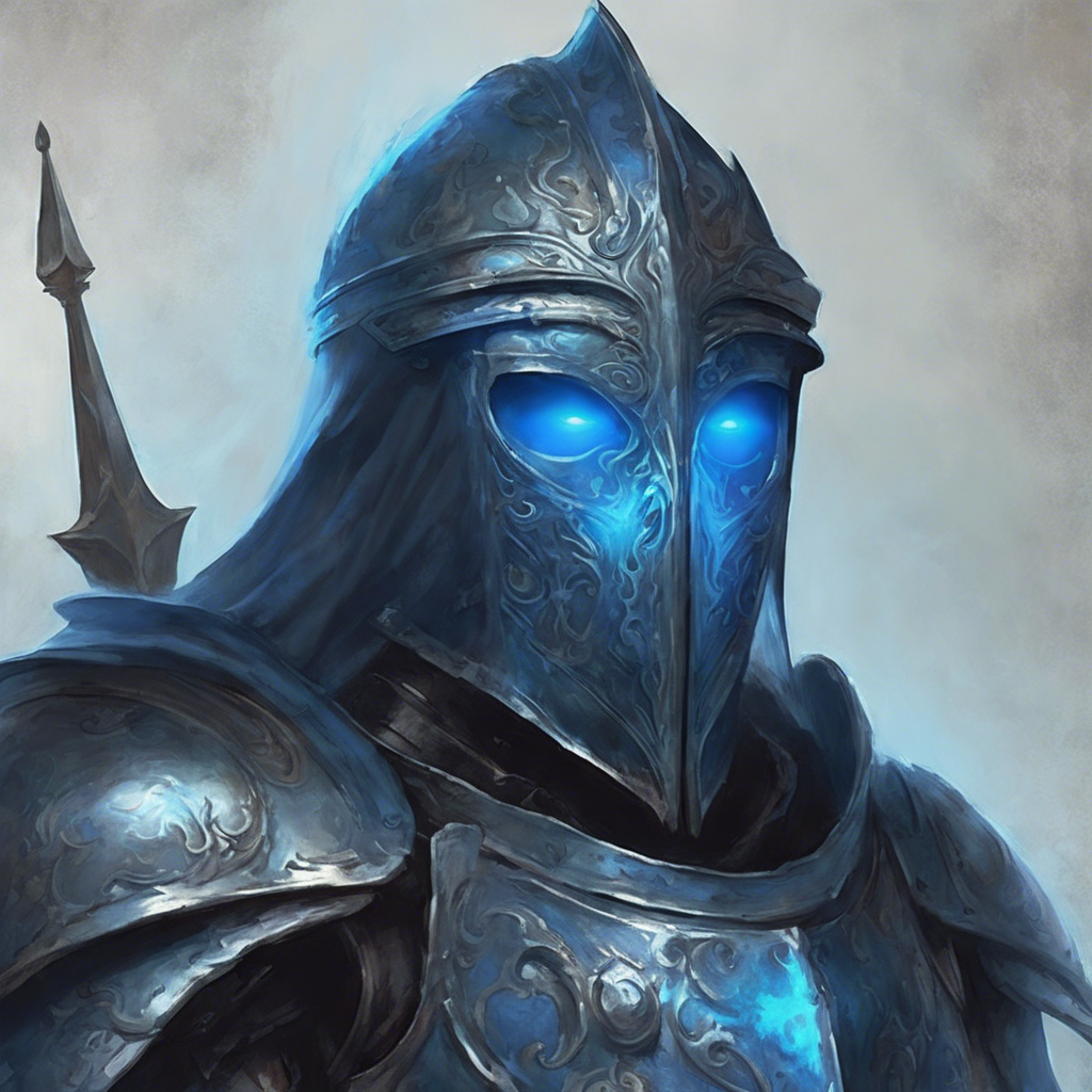 A specter trapped in tarnished medieval armor, emanating an ethereal blue glow, with a face shrouded in darkness beneath its helm.