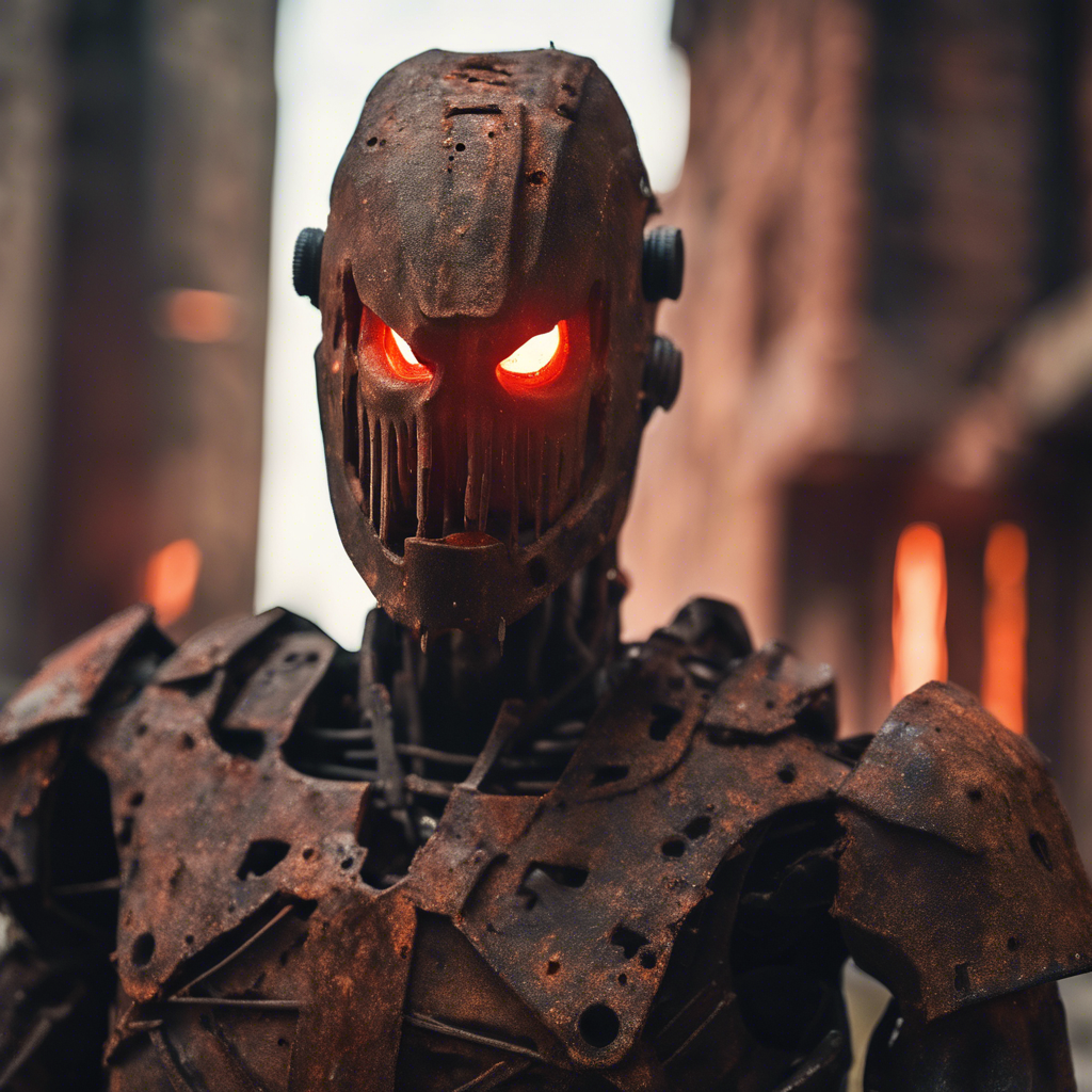 The Rust Stalker is a humanoid figure covered in rusted metal armor, its eyes glowing with an eerie red light. Its movements are silent and swift, blending in with the dilapidated ruins of the cityscape. It wields a jagged blade made from a broken piece of machinery, ready to strike at any intruders.