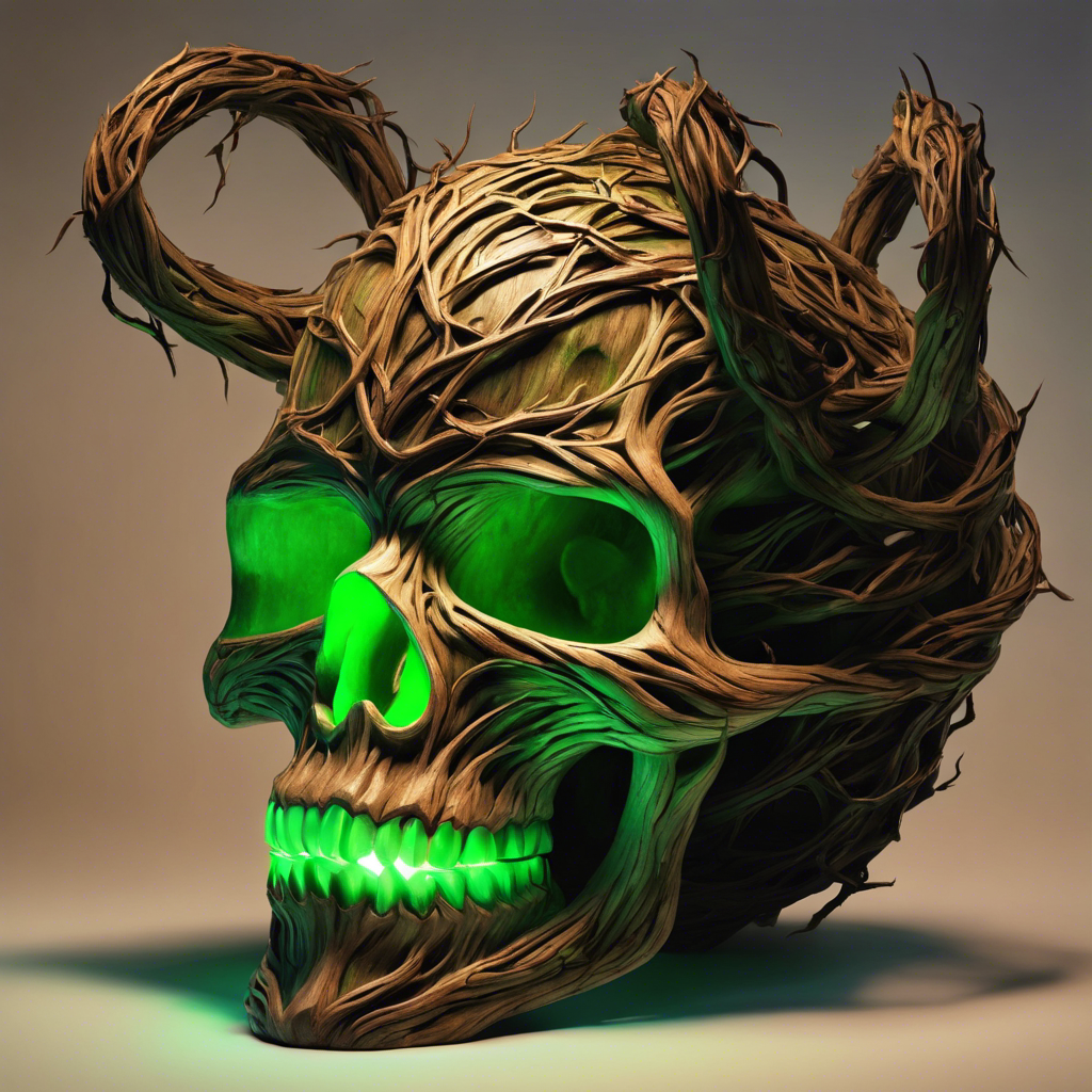 A creature forged from vines and thorns, eyes glowing with a haunting green light within its twisted, wooden skull.