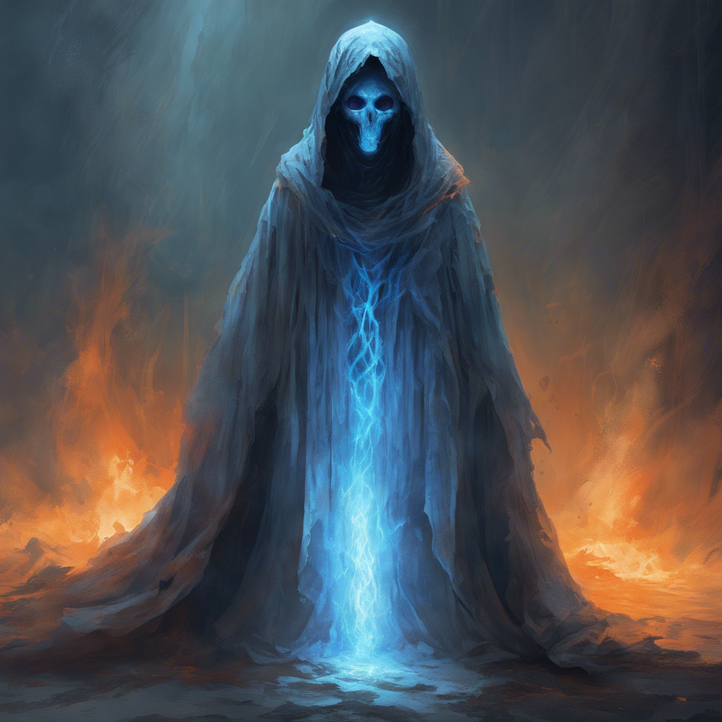 A spectral figure shrouded in tattered robes, emanating an ethereal blue light. Its eyes are hollow sockets that burn with a baleful orange glow.