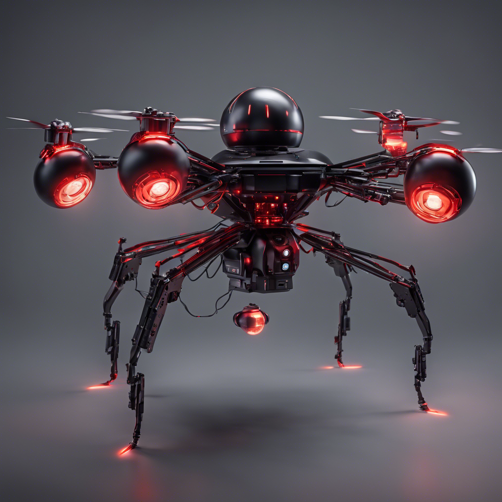 A hovering drone with jointed robotic limbs featuring sharp tools and electric prods. Its central body is a dark, metallic sphere with sensor arrays emitting an ominous red glow.
