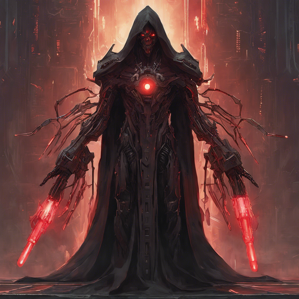 A figure shrouded in a dark cloak with glints of metal showing beneath it, suggesting a body more machine than flesh. Eyes glow with a sinister red light, and multiple arms, each with different cybernetic enhancements, hint at an arsenal of built-in weapons.