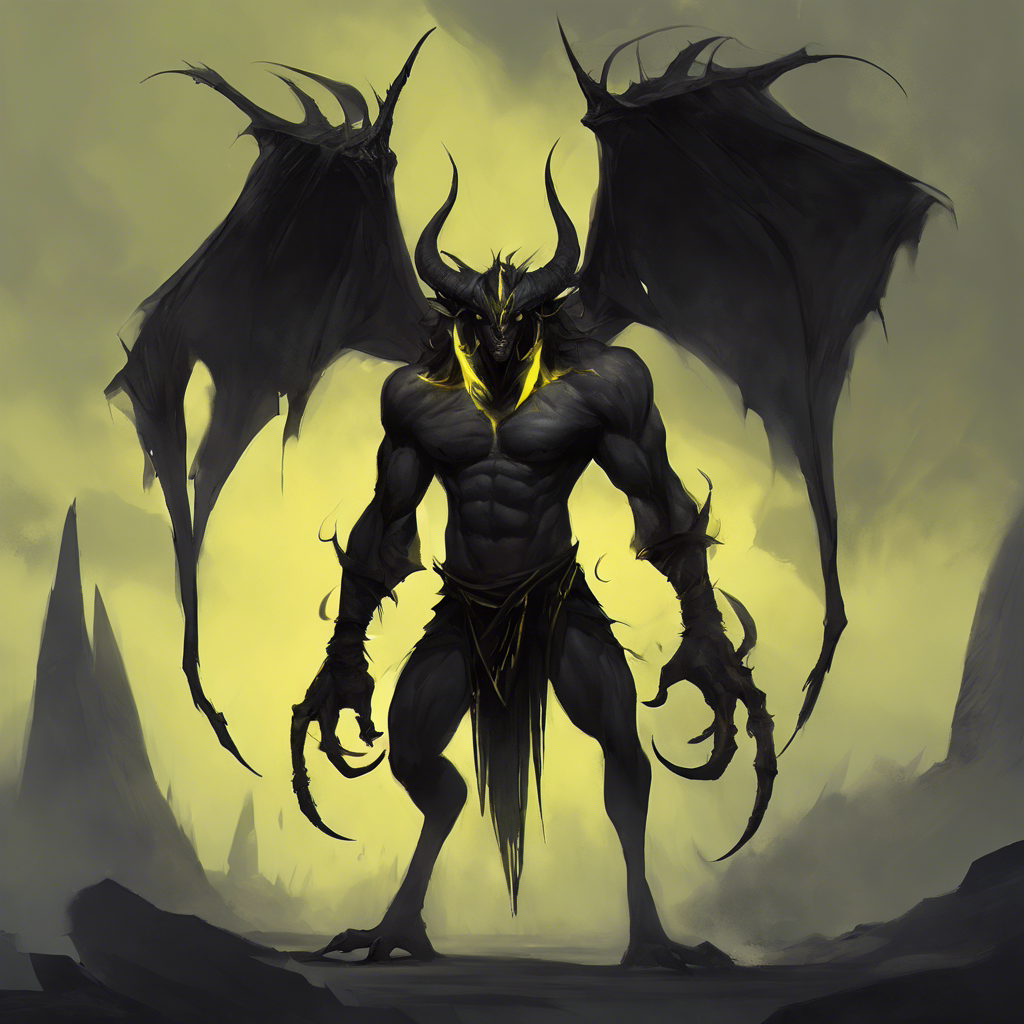 A towering, muscular creature cloaked in shadows, with luminous yellow eyes and long, twisted horns protruding from its forehead. Tattered wings drape behind it like a dark, sinister cloak, and its claws gleam with a toxic sheen.