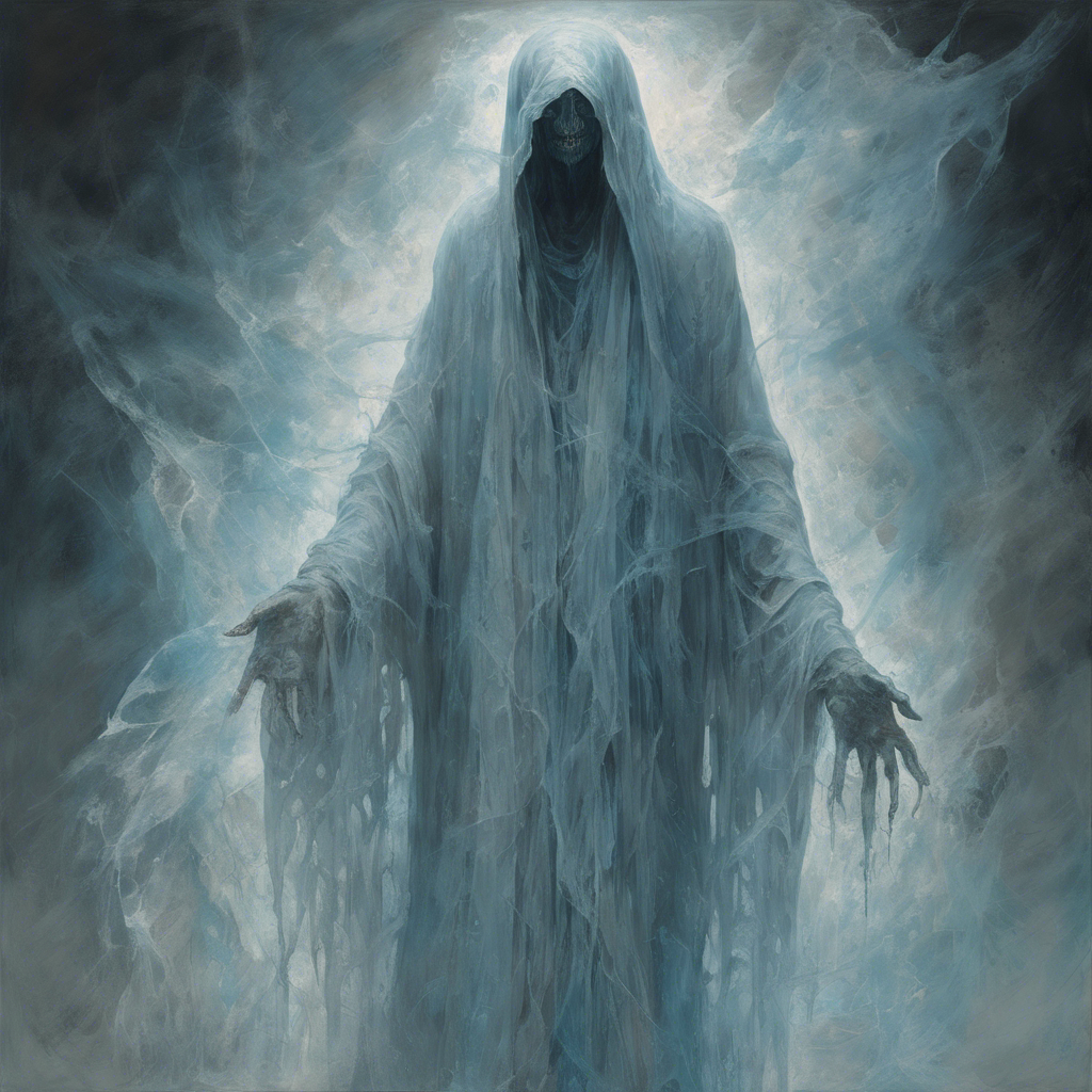 A ghostly figure, transparent and shimmering, with long, tattered robes that seem to disintegrate at the edges, eyes glowing with a faint blue hue, and a perpetual look of anguish etched upon its contorted features.