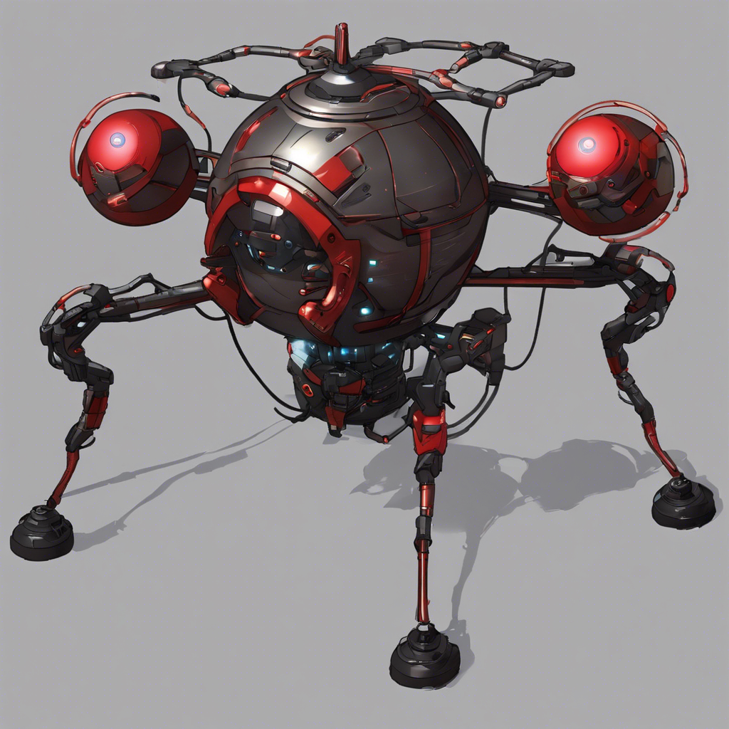 A hovering, spherical drone with a metallic exoskeleton and multiple red scanning eyes. It has mechanized arms equipped with tools and weapons, and emits a low pulsating hum as it moves.