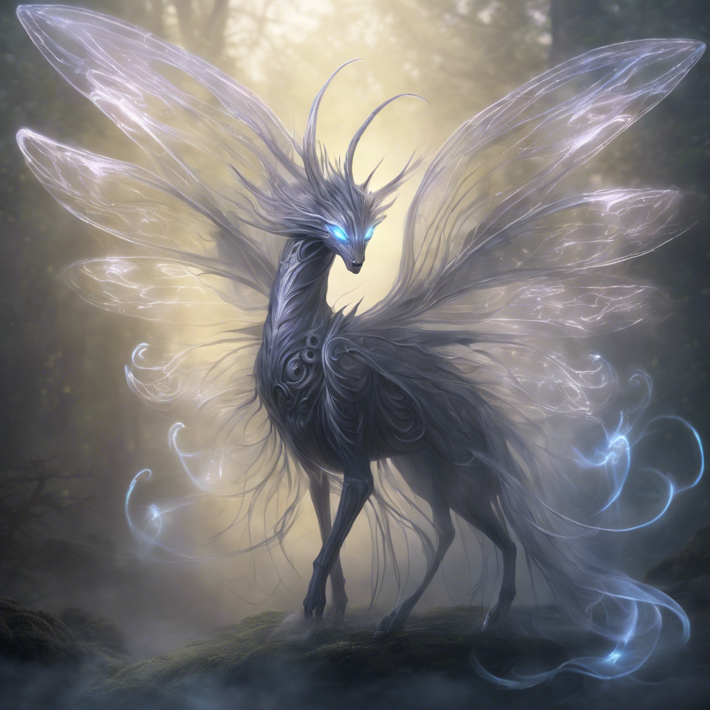 A succubus with translucent, shimmering wings and glowing eyes. Her form is ethereal as if made of mist, with tendrils of shadowy power swirling around her.