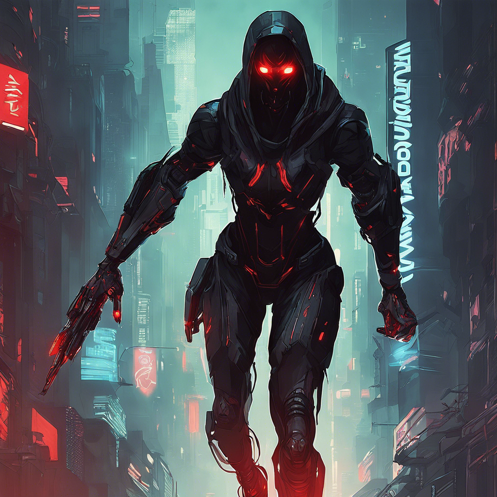 The Shadow Runner is a stealthy cybernetic assassin, clad in a sleek black exosuit that renders them nearly invisible in the shadows of the cyberpunk cityscape. Their glowing red cybernetic eyes pierce through the darkness, signaling imminent danger to any who cross their path.