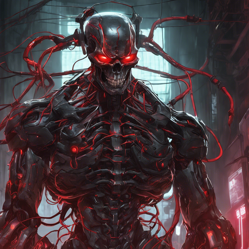 A towering humanoid figure, clad in a hulking exoskeleton of blackened steel and glowing crimson veins that pulsate with every move. The Cyber Reaver's eyes are a piercing red, lurking behind a skull-faced visor. Wires and cables protrude from its body, giving it a twitchy, erratic vitality.
